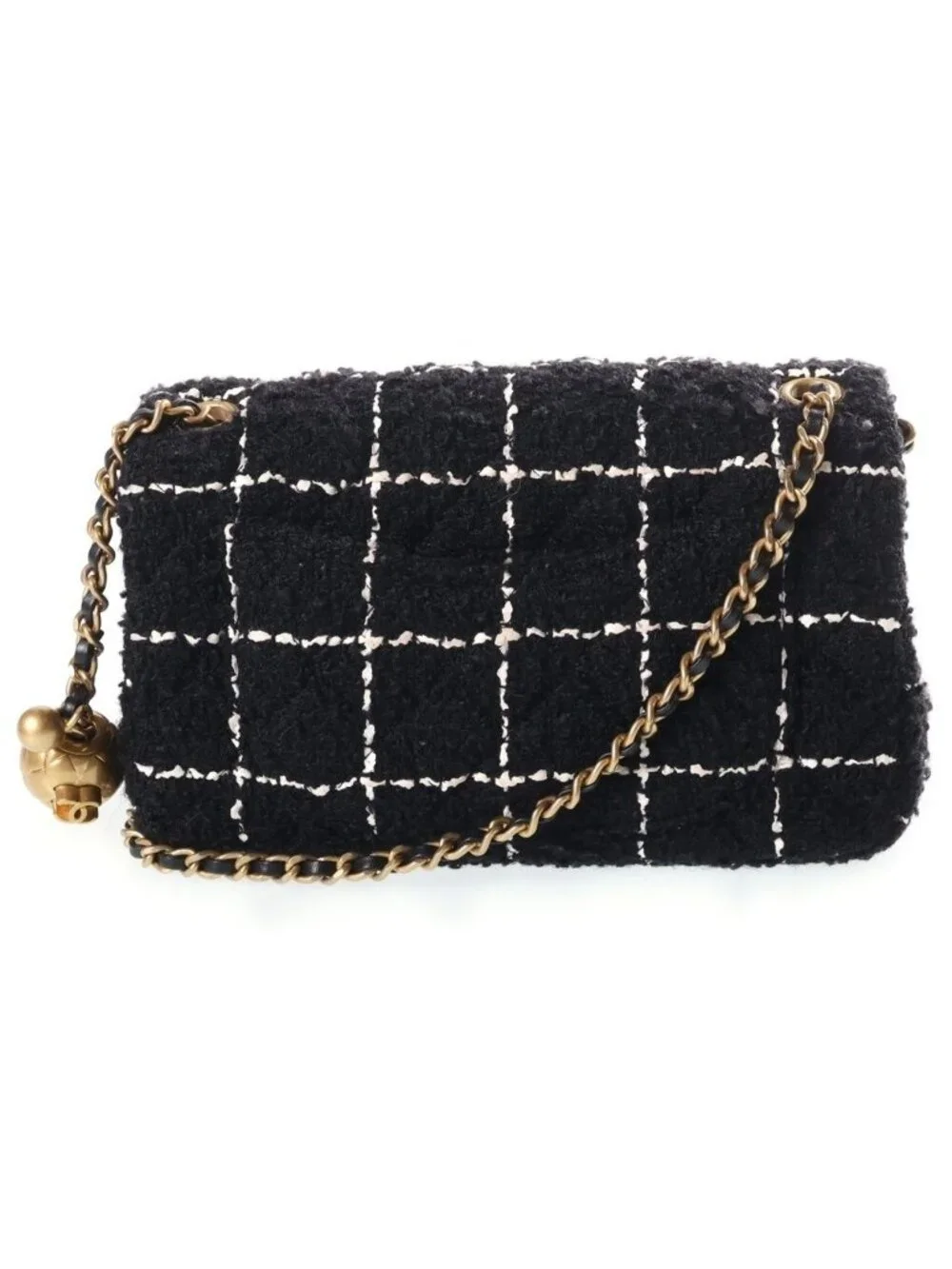 Chanel Mini Quilted 20 Tweed Chain Shoulder Bag Gold Black